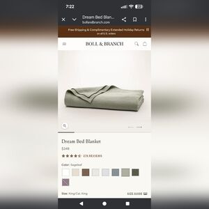 BOLL & BRANCH DREAM BED BLANKET. CAL KING. SAGELEAF